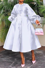 Load image into Gallery viewer, Solid Belted MIDI Dress w/Lantern Sleeve
