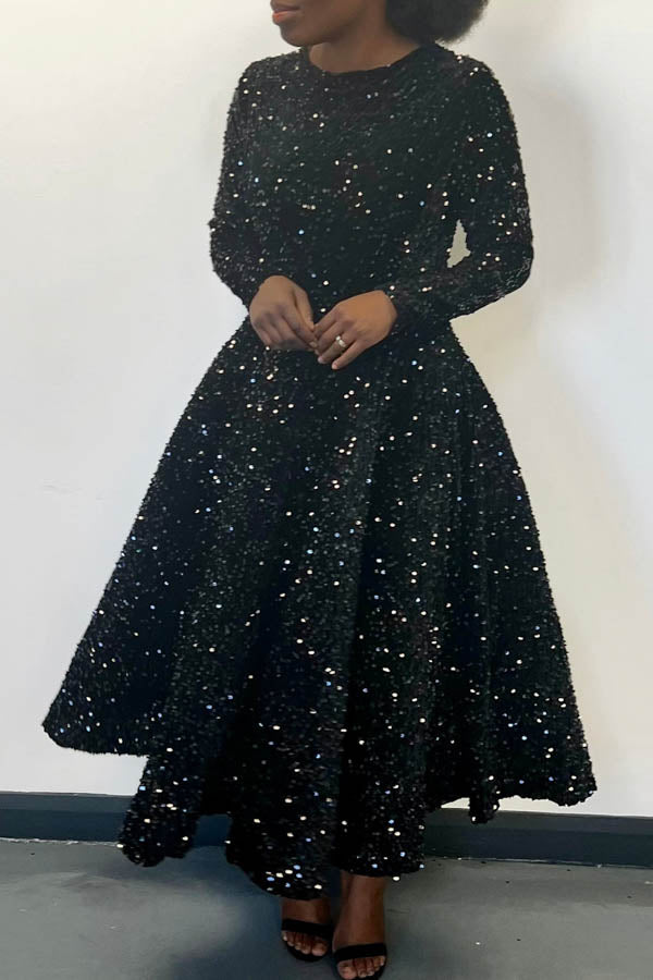Sexy Solid Maxi Dress Long Sleeve Sequins