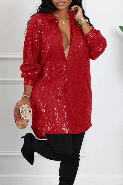 Sequins Long Dressy Solid Shirt