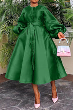 Load image into Gallery viewer, Solid Belted MIDI Dress w/Lantern Sleeve
