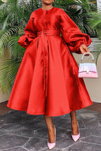 Load image into Gallery viewer, Solid Belted MIDI Dress w/Lantern Sleeve
