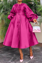 Load image into Gallery viewer, Solid Belted MIDI Dress w/Lantern Sleeve
