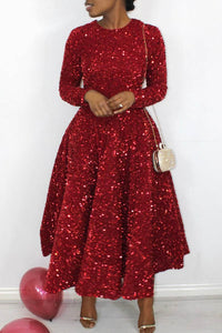 Sexy Solid Maxi Dress Long Sleeve Sequins