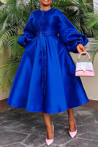 Solid Belted MIDI Dress w/Lantern Sleeve