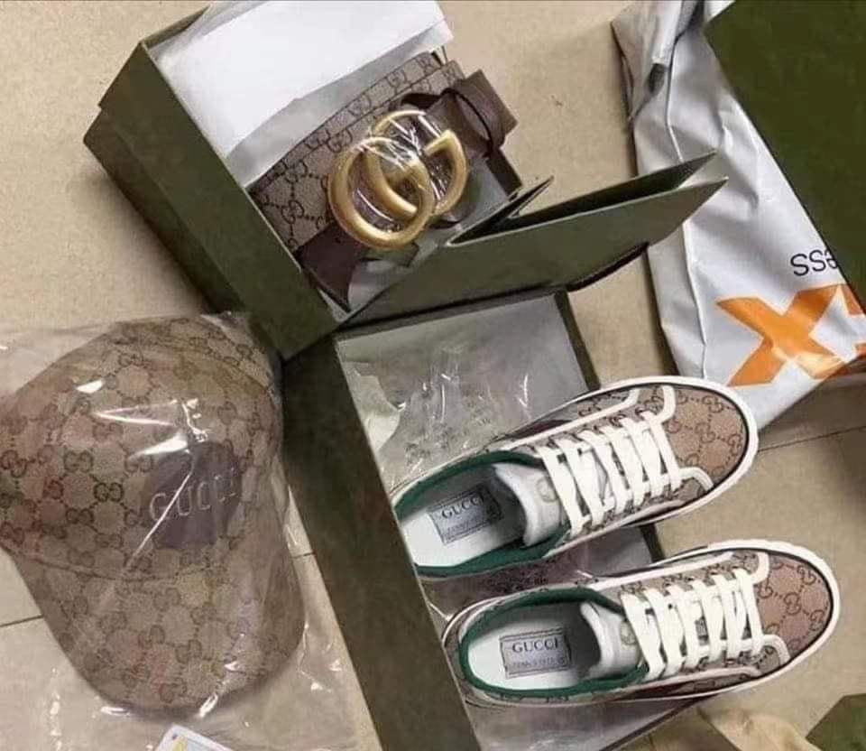 Men Gucci Hat, Belt, and Sneaker Set