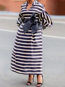 Elegant Women Print Dress Striped Jumper Puffy Long Sleeve Stand Neck Pocket Belt Birthday Party Event Long Dresses Big Size