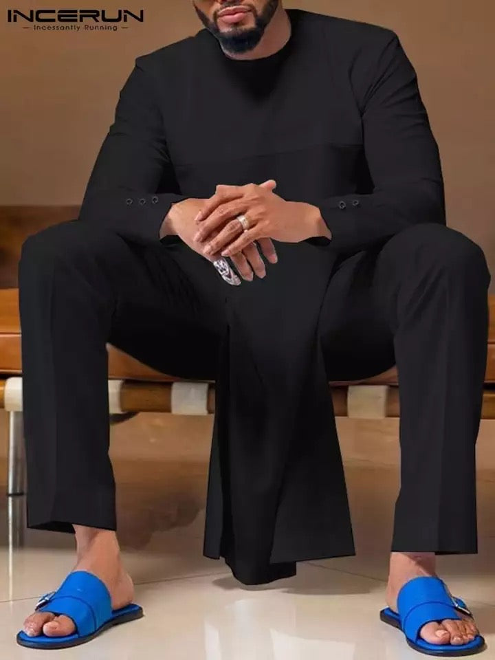 INCERUN Men Sets Muslim Solid 2022 Fashion Islamic Arabic Clothing O-neck Long Sleeve Shirt & Pants 2PCS Men Casual Suits