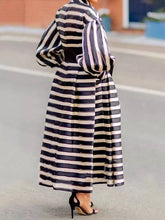 Load image into Gallery viewer, Elegant Women Print Dress Striped Jumper Puffy Long Sleeve Stand Neck Pocket Belt Birthday Party Event Long Dresses Big Size

