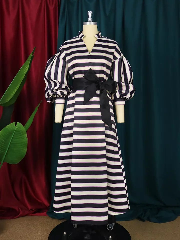 Elegant Women Print Dress Striped Jumper Puffy Long Sleeve Stand Neck Pocket Belt Birthday Party Event Long Dresses Big Size