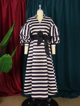 Load image into Gallery viewer, Elegant Women Print Dress Striped Jumper Puffy Long Sleeve Stand Neck Pocket Belt Birthday Party Event Long Dresses Big Size
