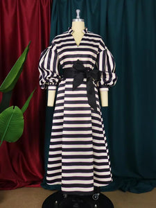 Elegant Women Print Dress Striped Jumper Puffy Long Sleeve Stand Neck Pocket Belt Birthday Party Event Long Dresses Big Size