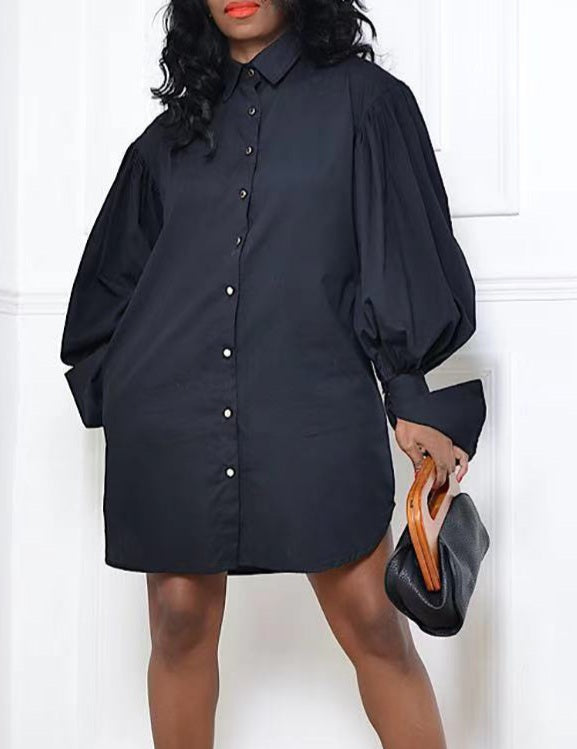 Puff Sleeve Collared Shirt Dress