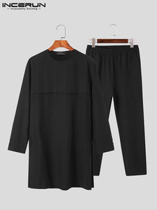 INCERUN Men Sets Muslim Solid 2022 Fashion Islamic Arabic Clothing O-neck Long Sleeve Shirt & Pants 2PCS Men Casual Suits