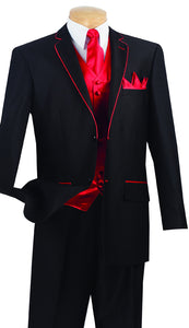 Vinci Mens Suit 23SS-4-BLK ( 5pc Single Breasted Two Buttons, Trimmed Jacket With Fancy Vest, Flat Front Pants )