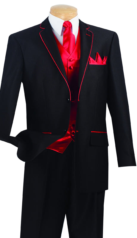 Vinci Mens Suit 23SS-4-BLK ( 5pc Single Breasted Two Buttons, Trimmed Jacket With Fancy Vest, Flat Front Pants )